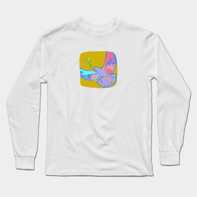 Pop art peace dove in teal and pink pastel colors on ochre yellow background Long Sleeve T-Shirt by Bailamor